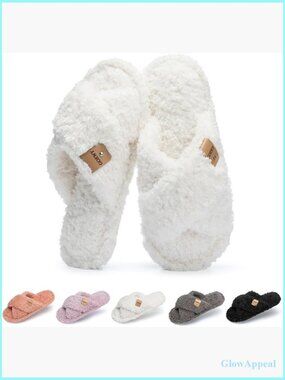 Fuzzy Open Toe Slippers for Women Memory Foam Cross Band House Shoes